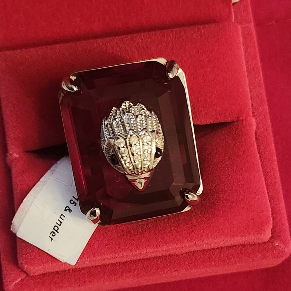 NWT Kurt Geiger Eagle Head Crystal Cocktail Ring Rose Red Size 9 Emerald Cut